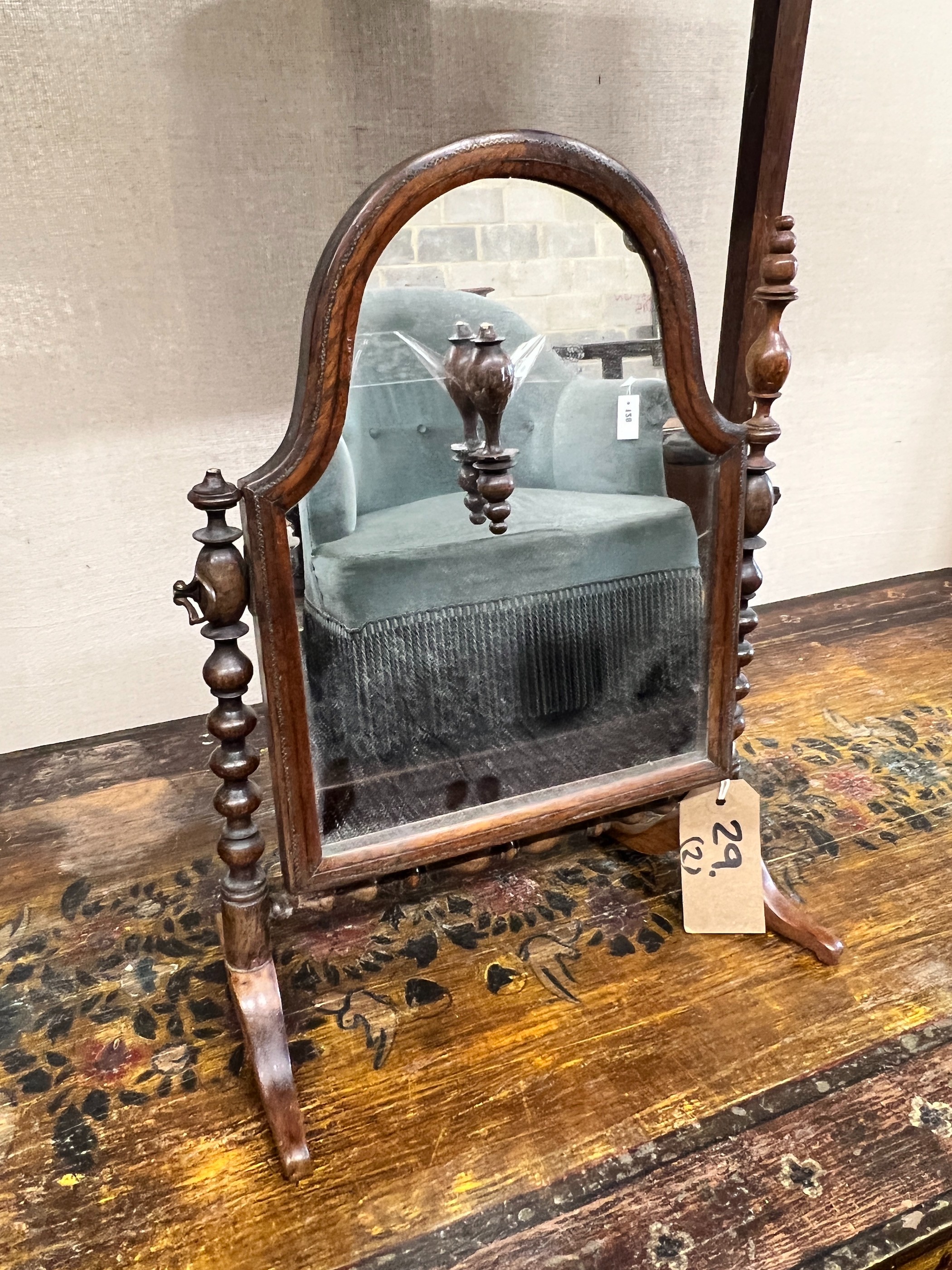 A George III mahogany side table, width 64cm, depth 36cm, height 75cm and a Victorian bobbin turned mahogany toilet mirror